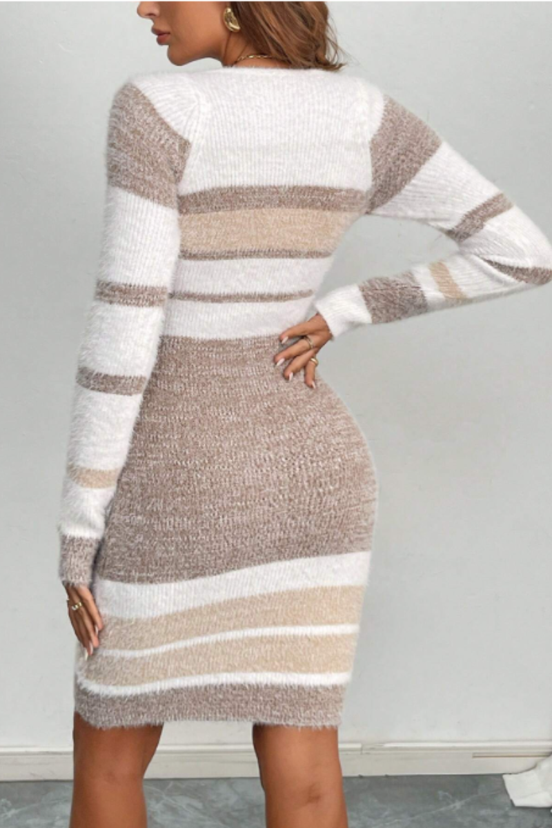 Vestido de Punto Mujer con Cuello Cuadrado y Rayas