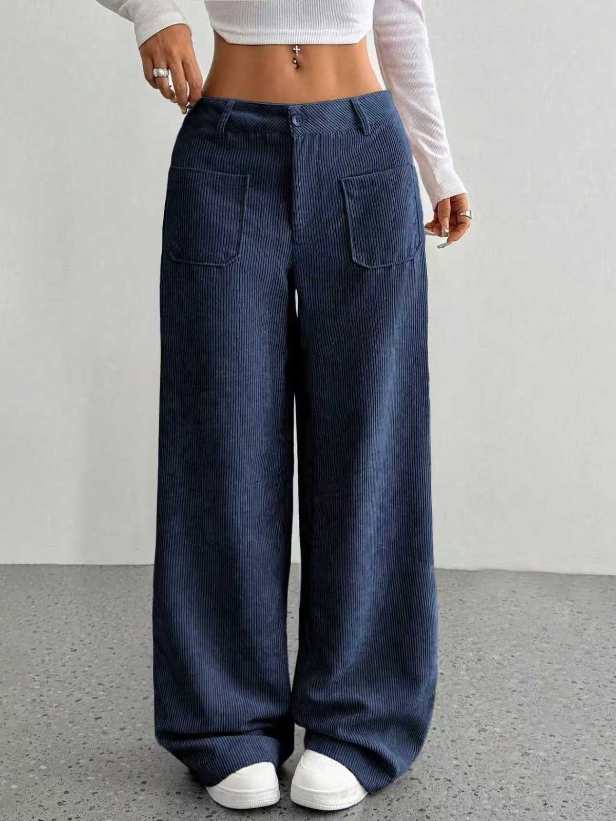 Pantalones de pana de pernera ancha con tiro alto y aberturas laterales para mujer