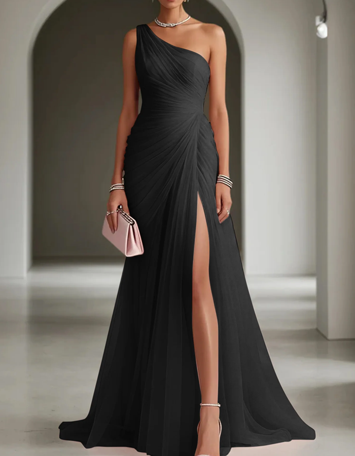Vestido maxi de gasa plisado con escote asimétrico para mujer