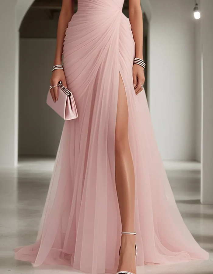 Vestido maxi de gasa plisado con escote asimétrico para mujer