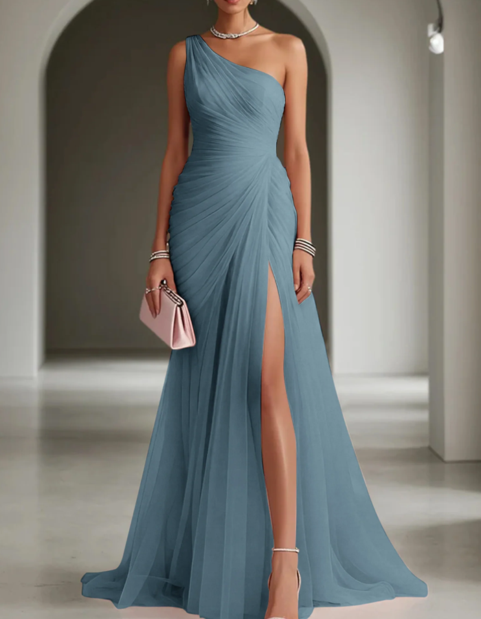 Vestido maxi de gasa plisado con escote asimétrico para mujer