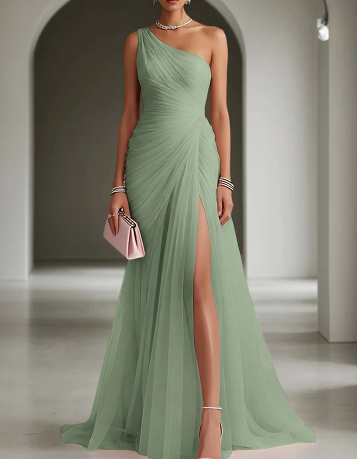 Vestido maxi de gasa plisado con escote asimétrico para mujer