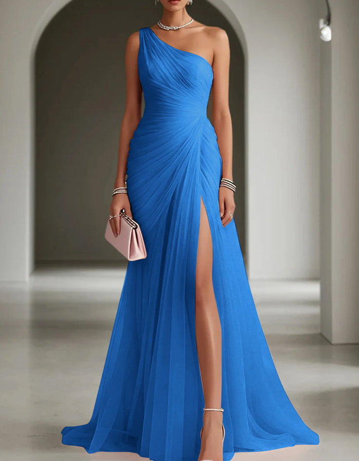 Vestido maxi de gasa plisado con escote asimétrico para mujer