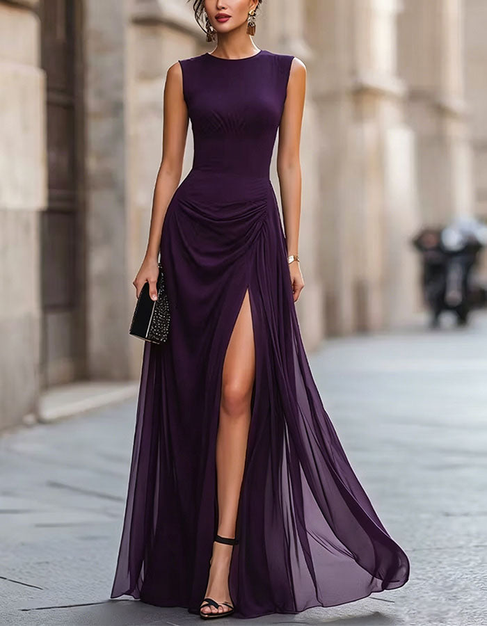 Vestido maxi de gasa sin mangas con nudo en la cintura y abertura lateral para mujer