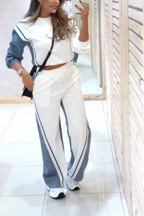 Conjunto casual de dos piezas en denim y algodón con retazos para mujer
