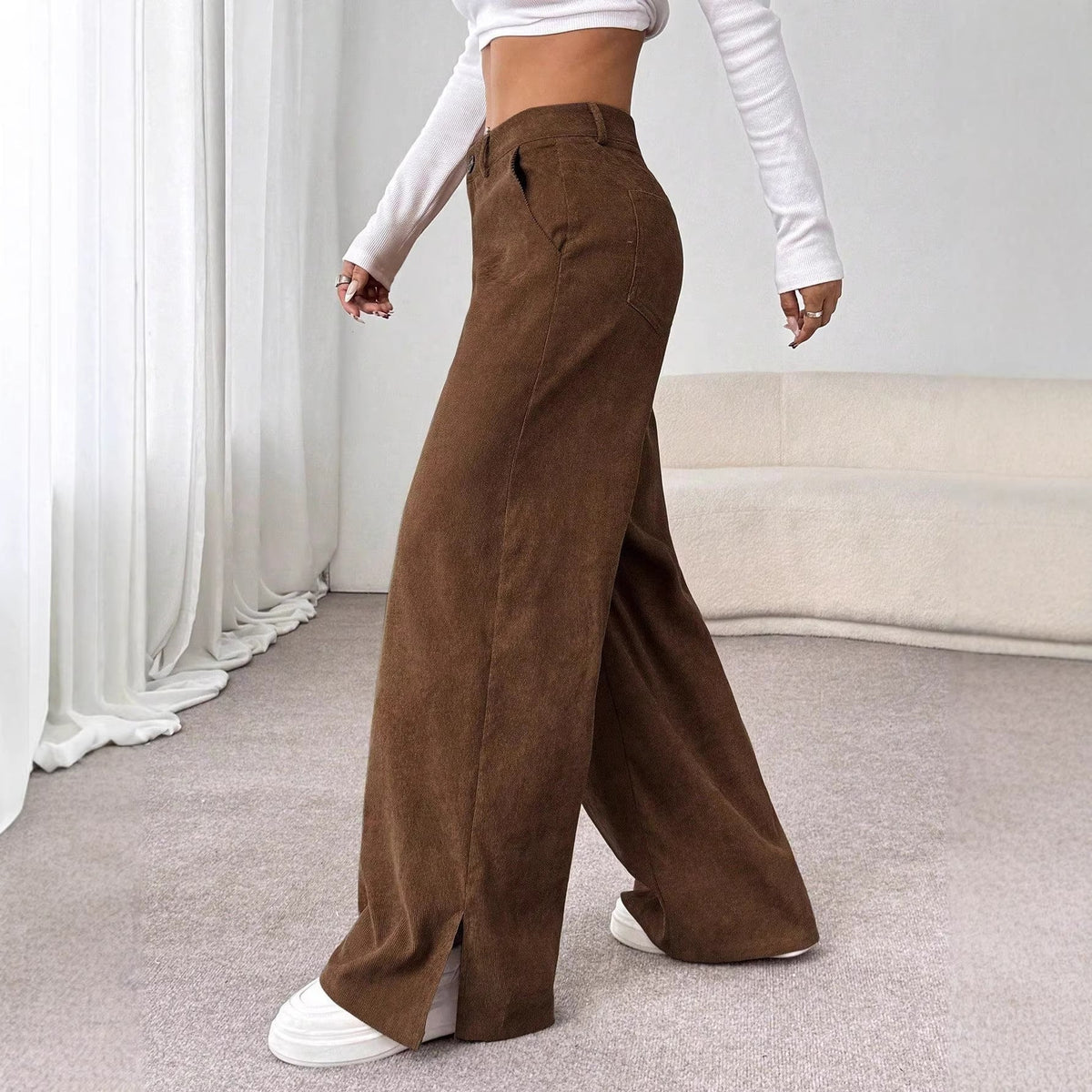 Pantalones de pana de pernera ancha con tiro alto y aberturas laterales para mujer