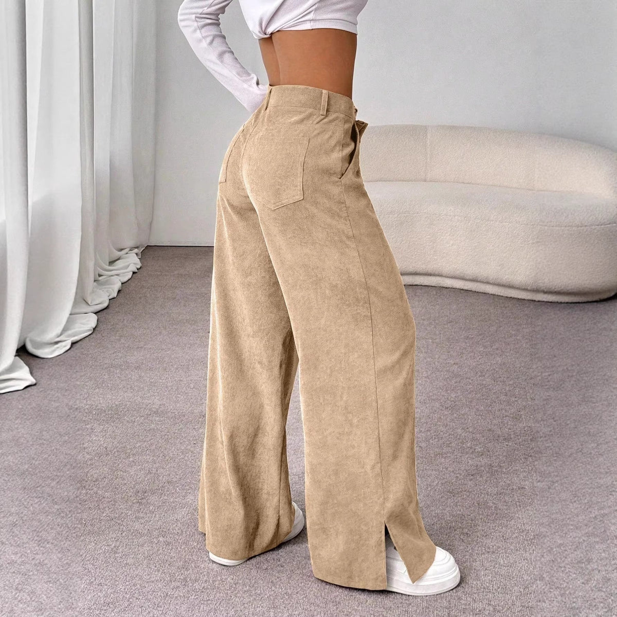 Pantalones de pana de pernera ancha con tiro alto y aberturas laterales para mujer