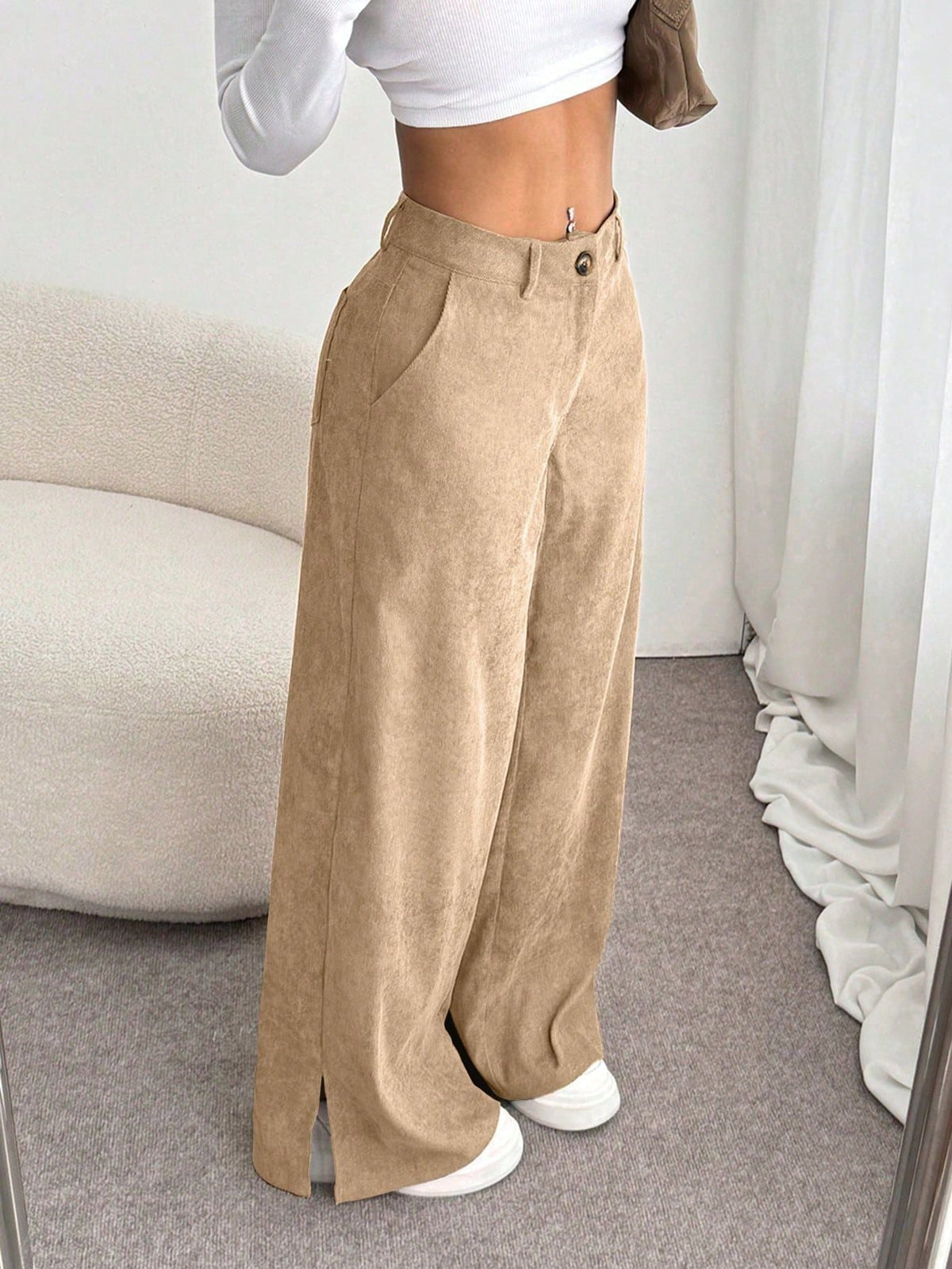 Pantalones de pana de pernera ancha con tiro alto y aberturas laterales para mujer