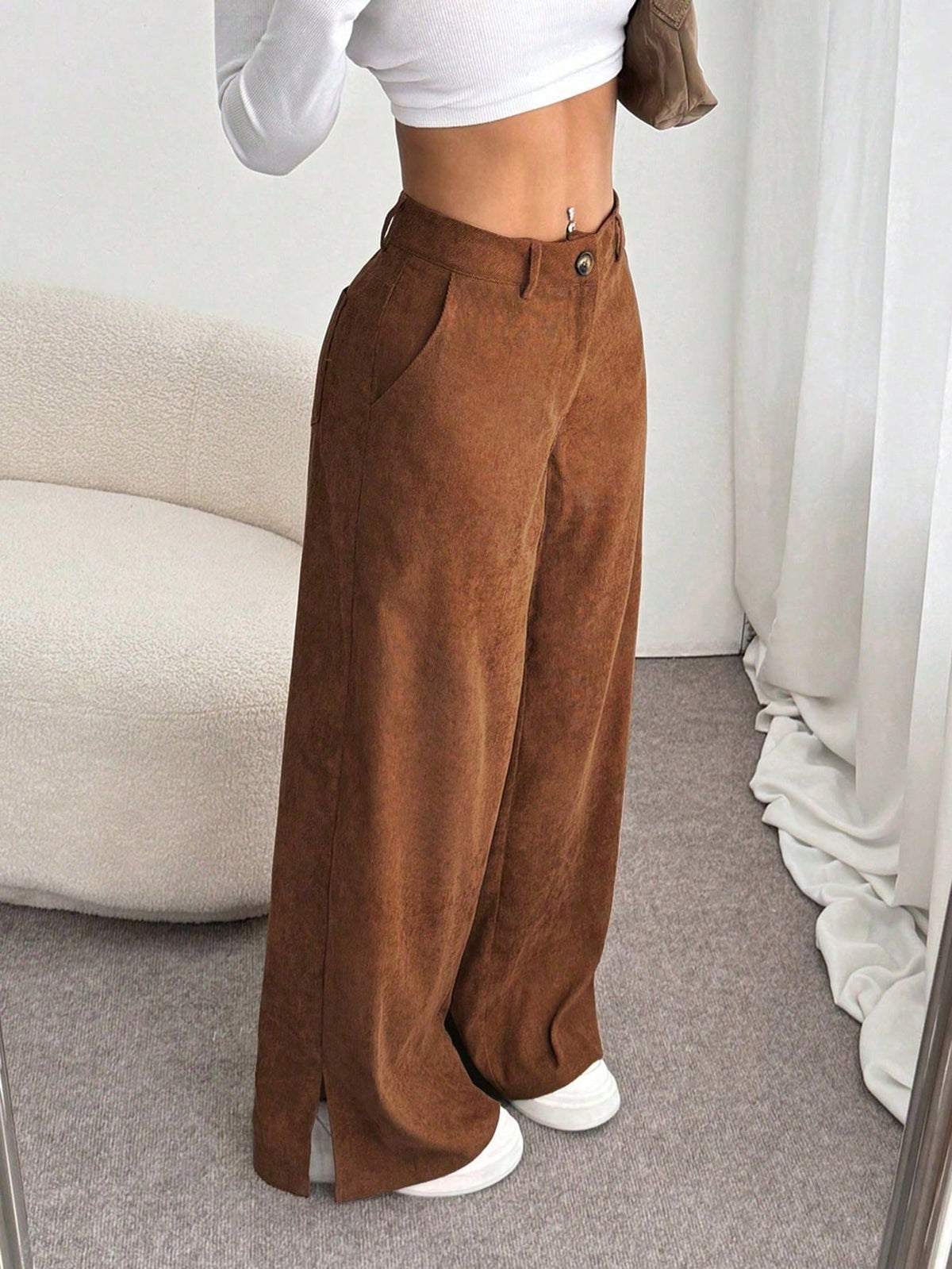 Pantalones de pana de pernera ancha con tiro alto y aberturas laterales para mujer