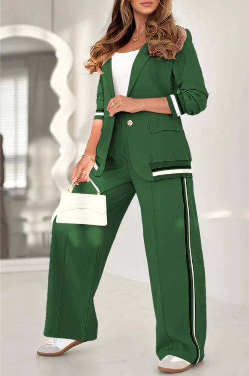 Conjunto casual de dos piezas de chaqueta y pantalones de pernera ancha para mujer