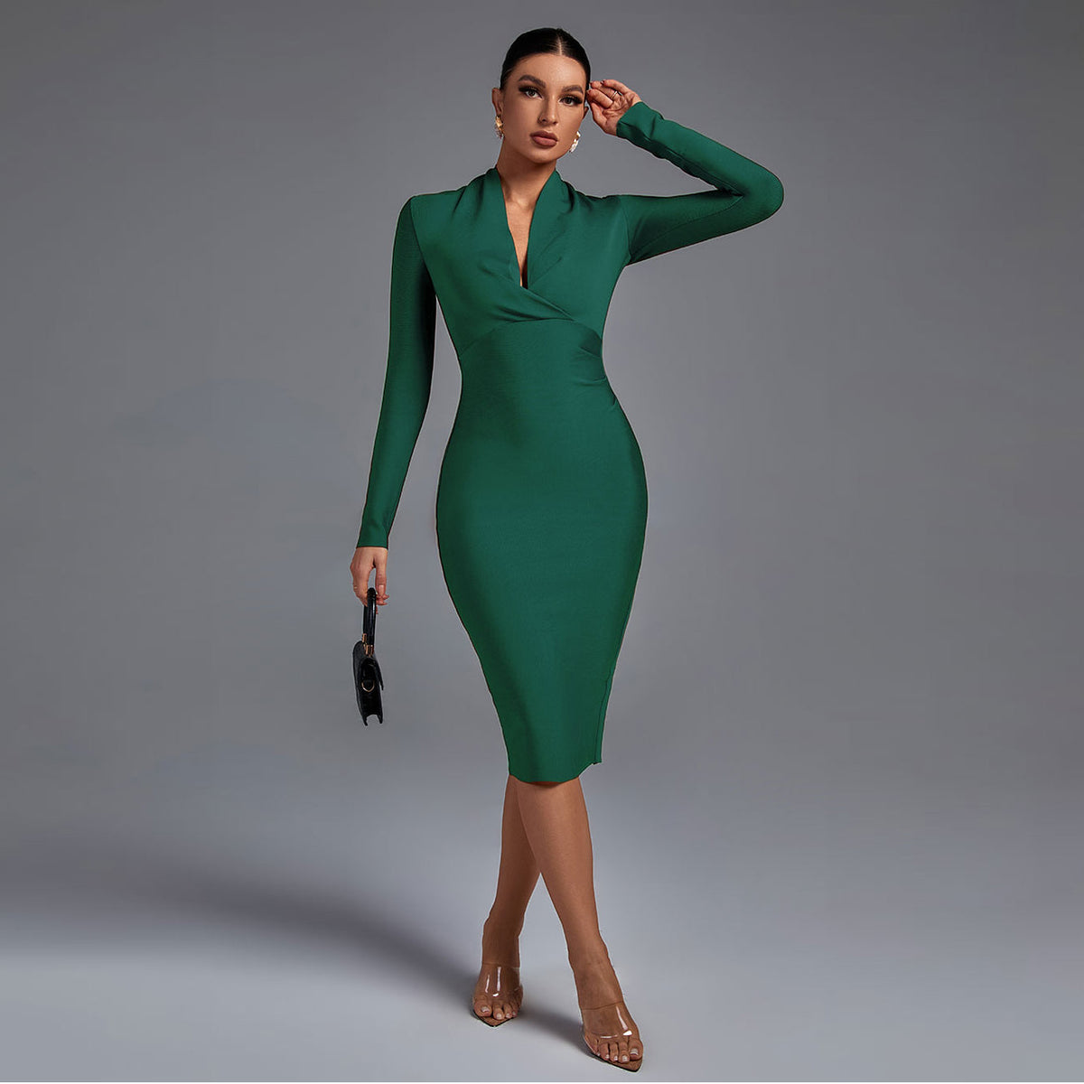 Vestido midi bandage de manga larga con escote en V para mujer