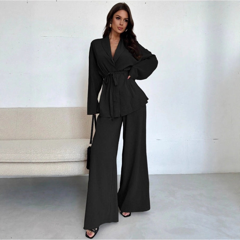 Conjunto elegante de 2 piezas para mujer: top con cuello en V y pantalón de pierna ancha