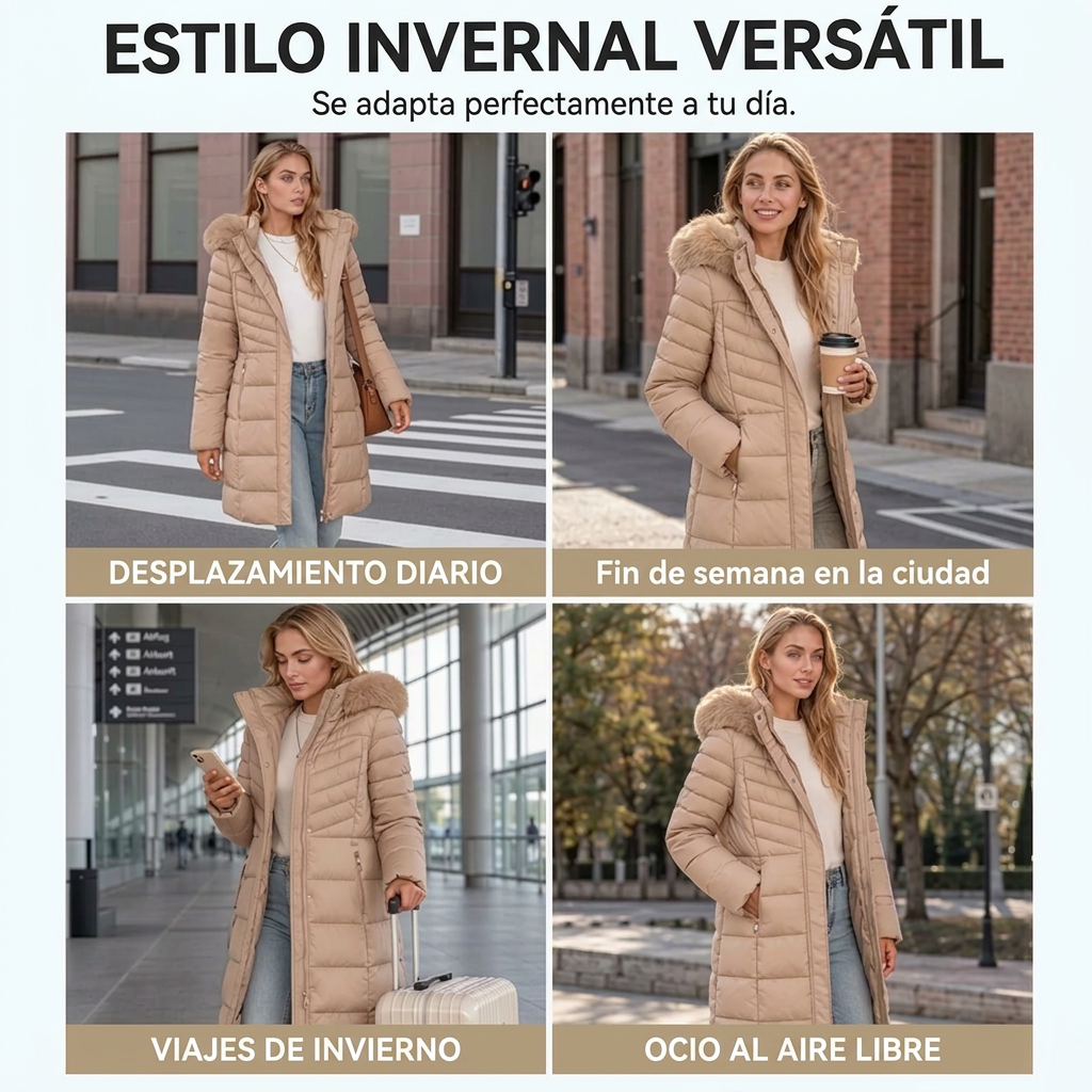 Parka de invierno cálido con cuello de pelo sintético para mujer