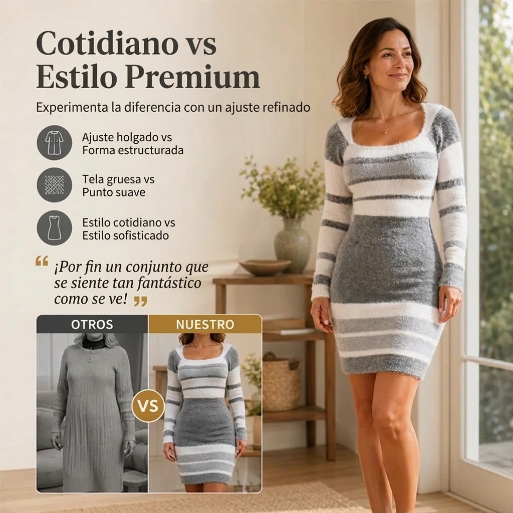 Vestido de Punto Mujer con Cuello Cuadrado y Rayas