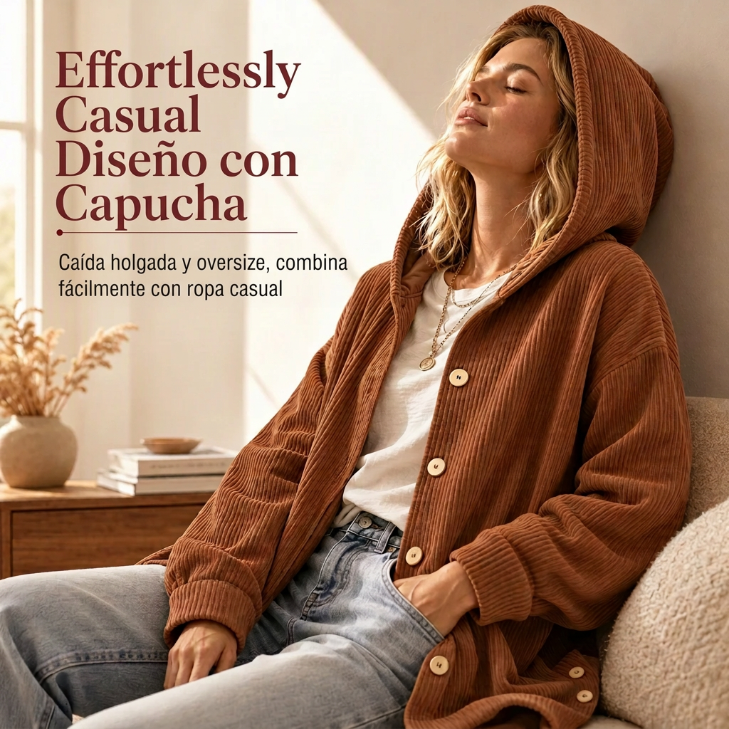 Chaqueta de corduroy casual de corte holgado con capucha para mujer