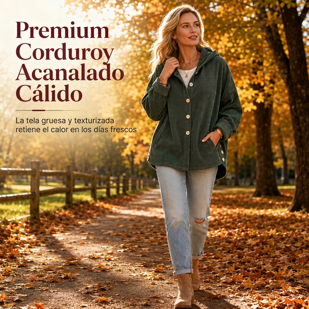 Chaqueta de corduroy casual de corte holgado con capucha para mujer