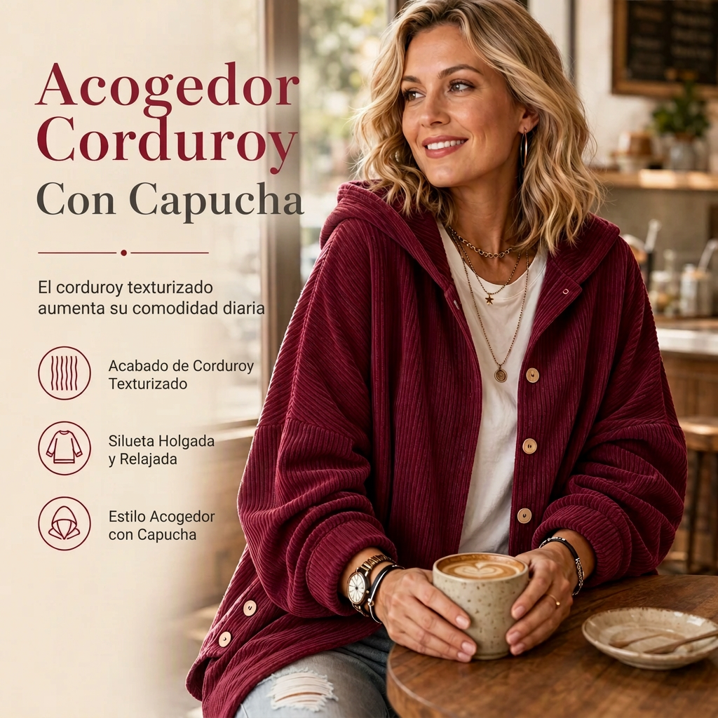 Chaqueta de corduroy casual de corte holgado con capucha para mujer