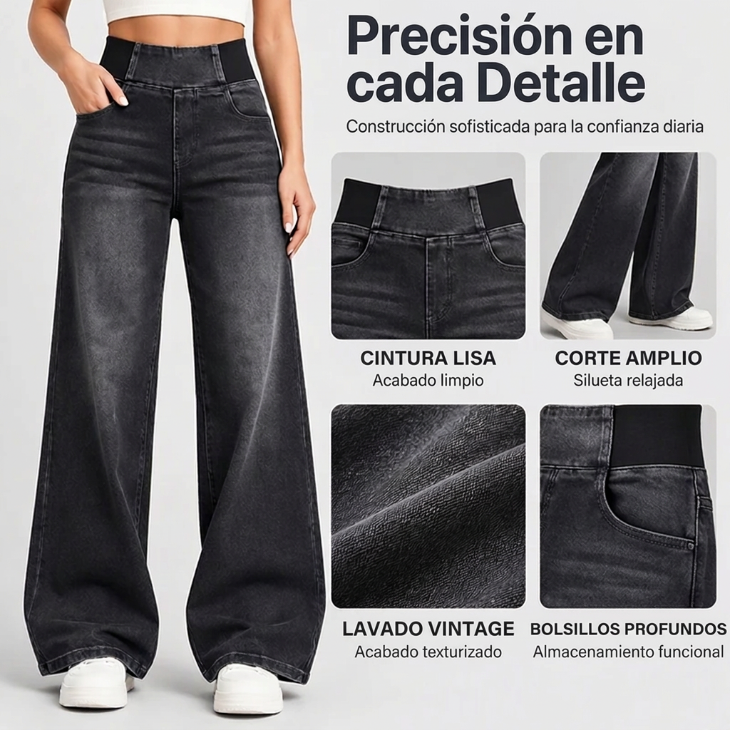 Jeans de pierna ancha con cintura elástica y lavado vintage para mujer