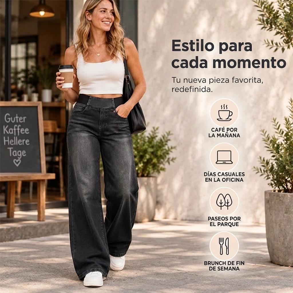 Jeans de pierna ancha con cintura elástica y lavado vintage para mujer