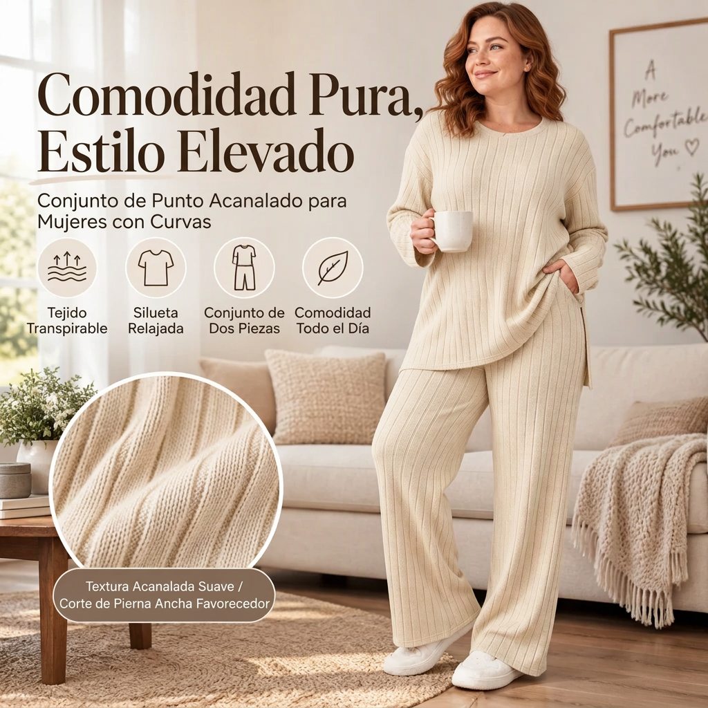 Conjunto de punto de canalé con top de abertura lateral y pantalón para mujer