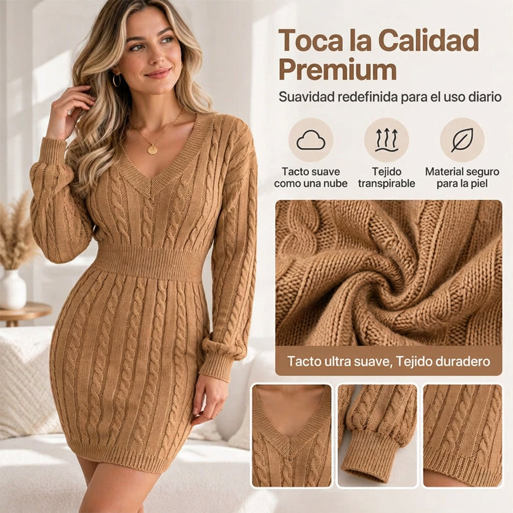 Vestido corto de punto con diseño de trenzas y corte entallado para mujer