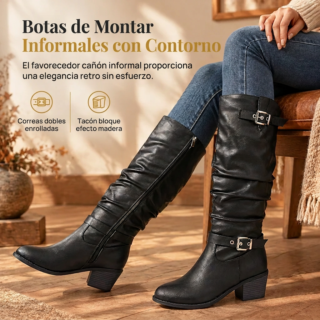 Botas altas estilo western de caña arrugada con tazón en bloque y hebilla para mujer