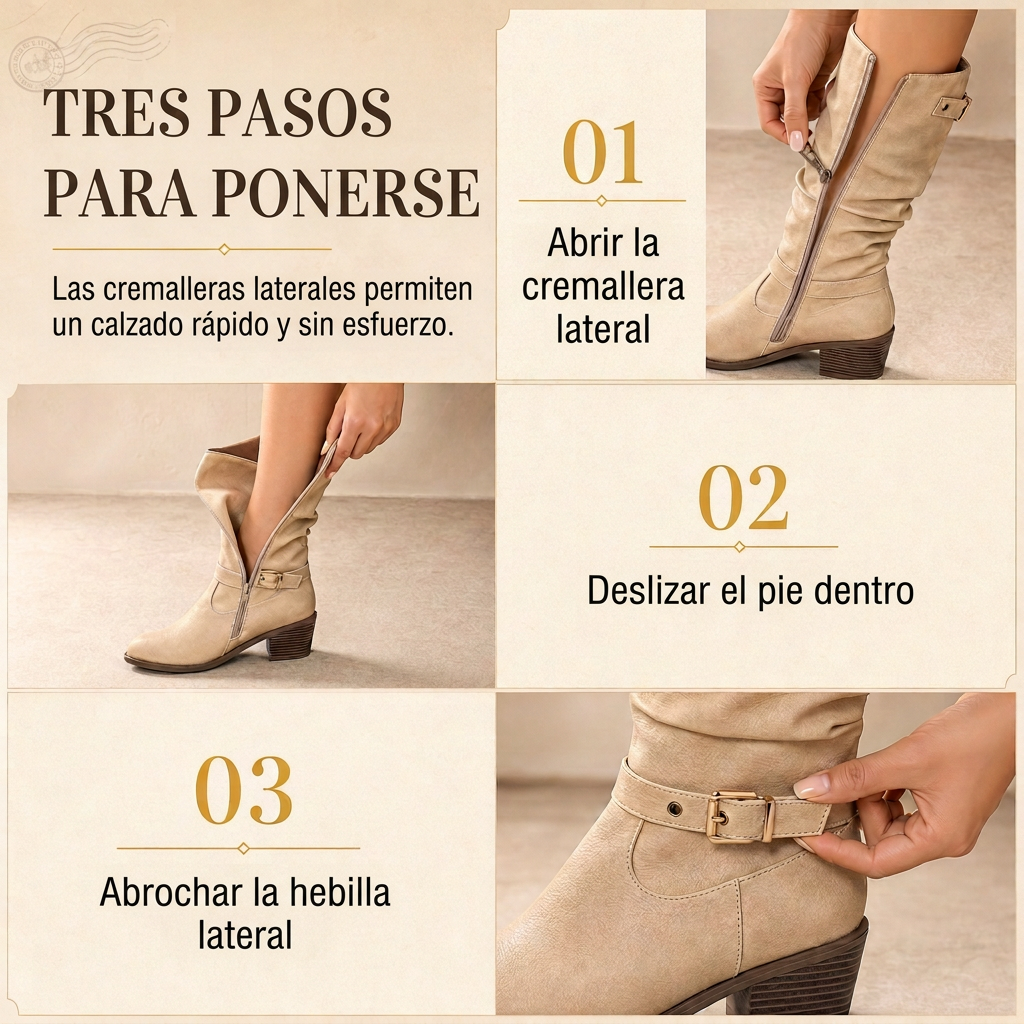 Botas altas estilo western de caña arrugada con tazón en bloque y hebilla para mujer