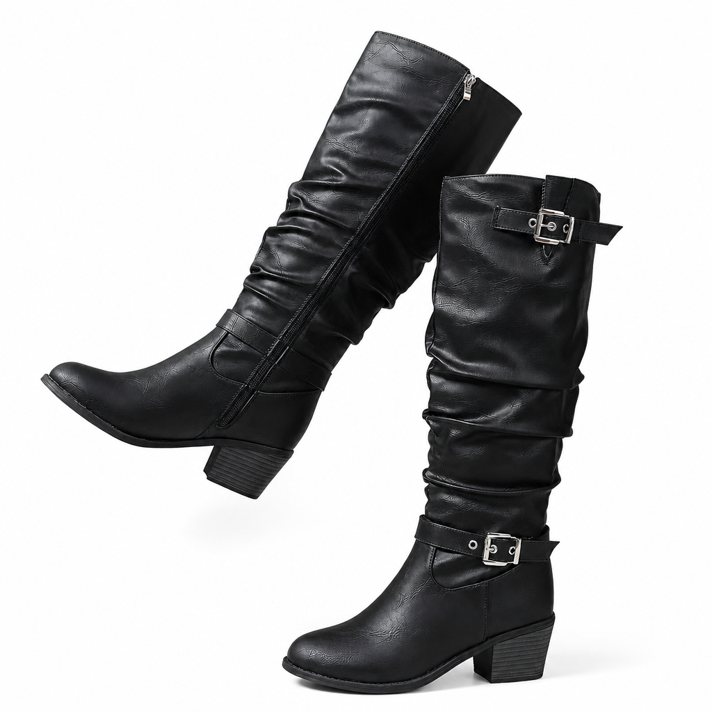 Botas altas estilo western de caña arrugada con tazón en bloque y hebilla para mujer