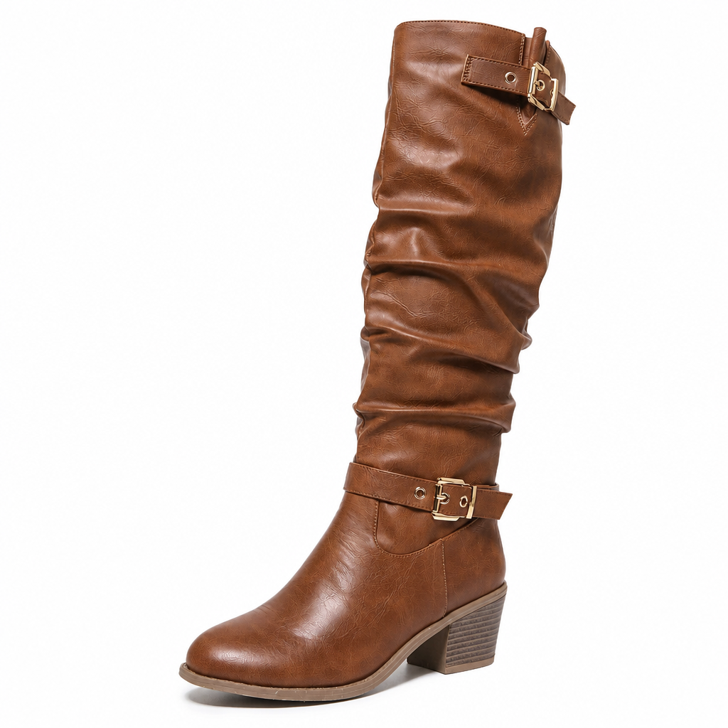 Botas altas estilo western de caña arrugada con tazón en bloque y hebilla para mujer
