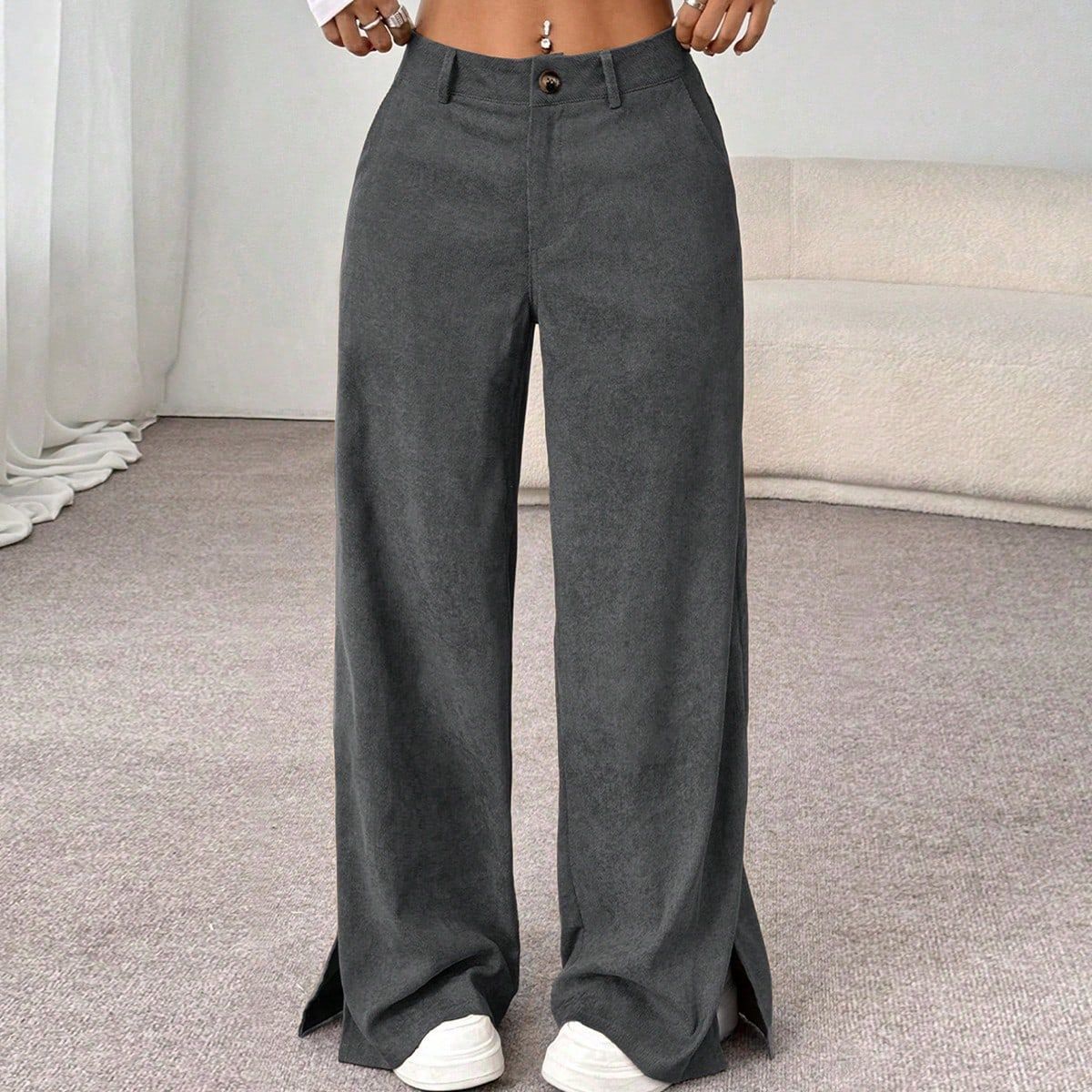 Pantalones de pana de pernera ancha con tiro alto y aberturas laterales para mujer
