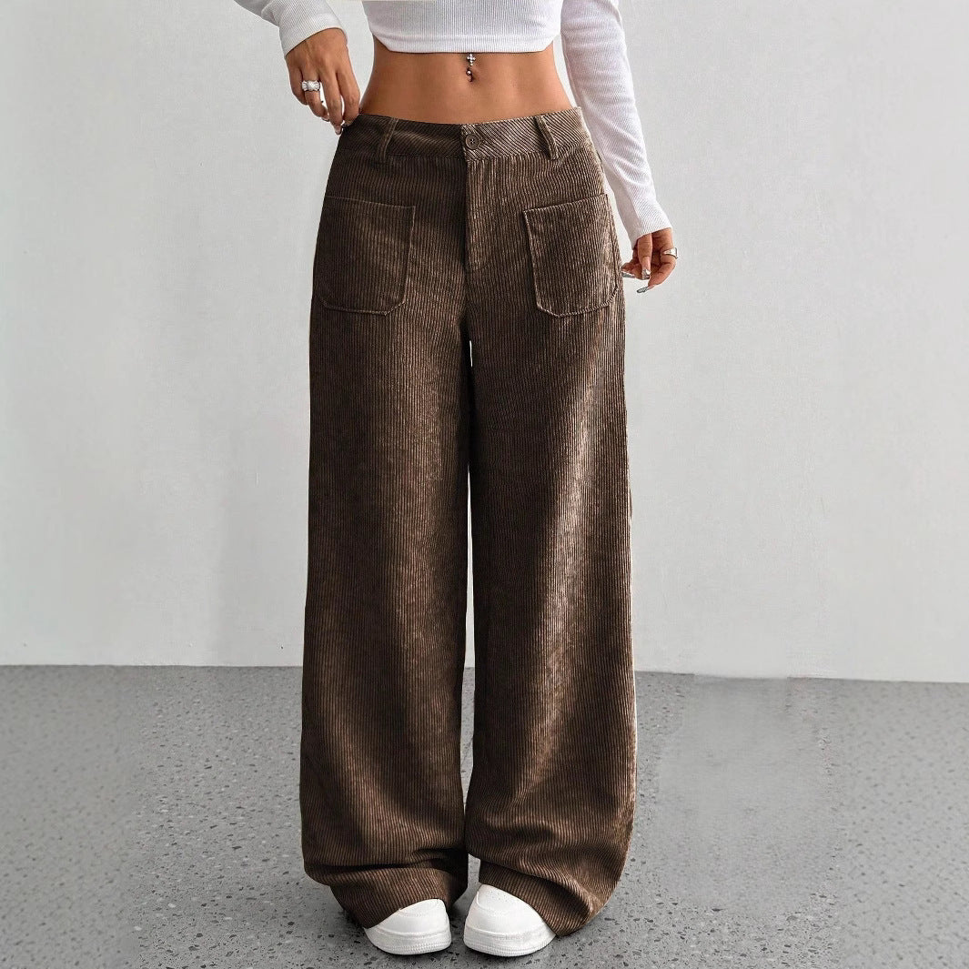 Pantalones de pana de pernera ancha con tiro alto y aberturas laterales para mujer