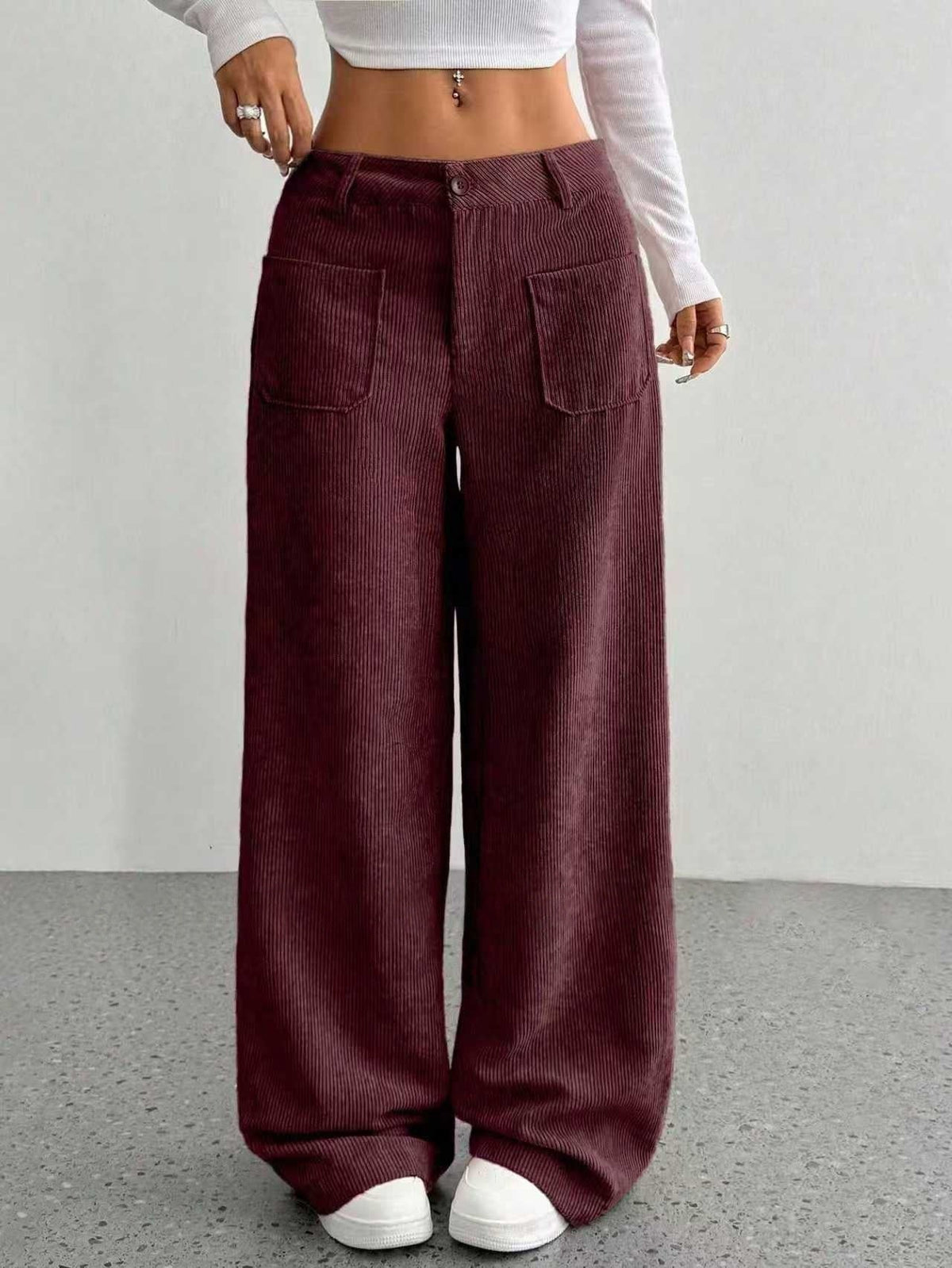 Pantalones de pana de pernera ancha con tiro alto y aberturas laterales para mujer