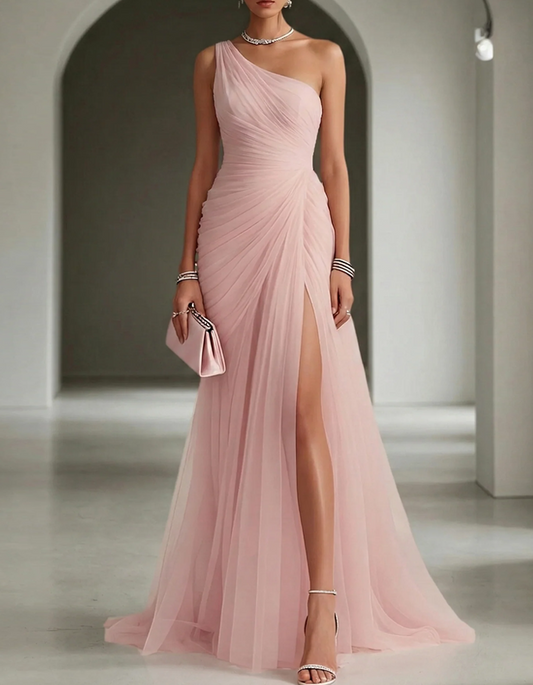 Vestido maxi de gasa plisado con escote asimétrico para mujer