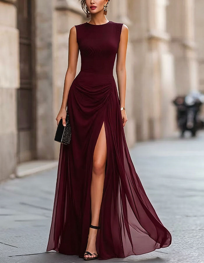 Vestido maxi de gasa sin mangas con nudo en la cintura y abertura lateral para mujer