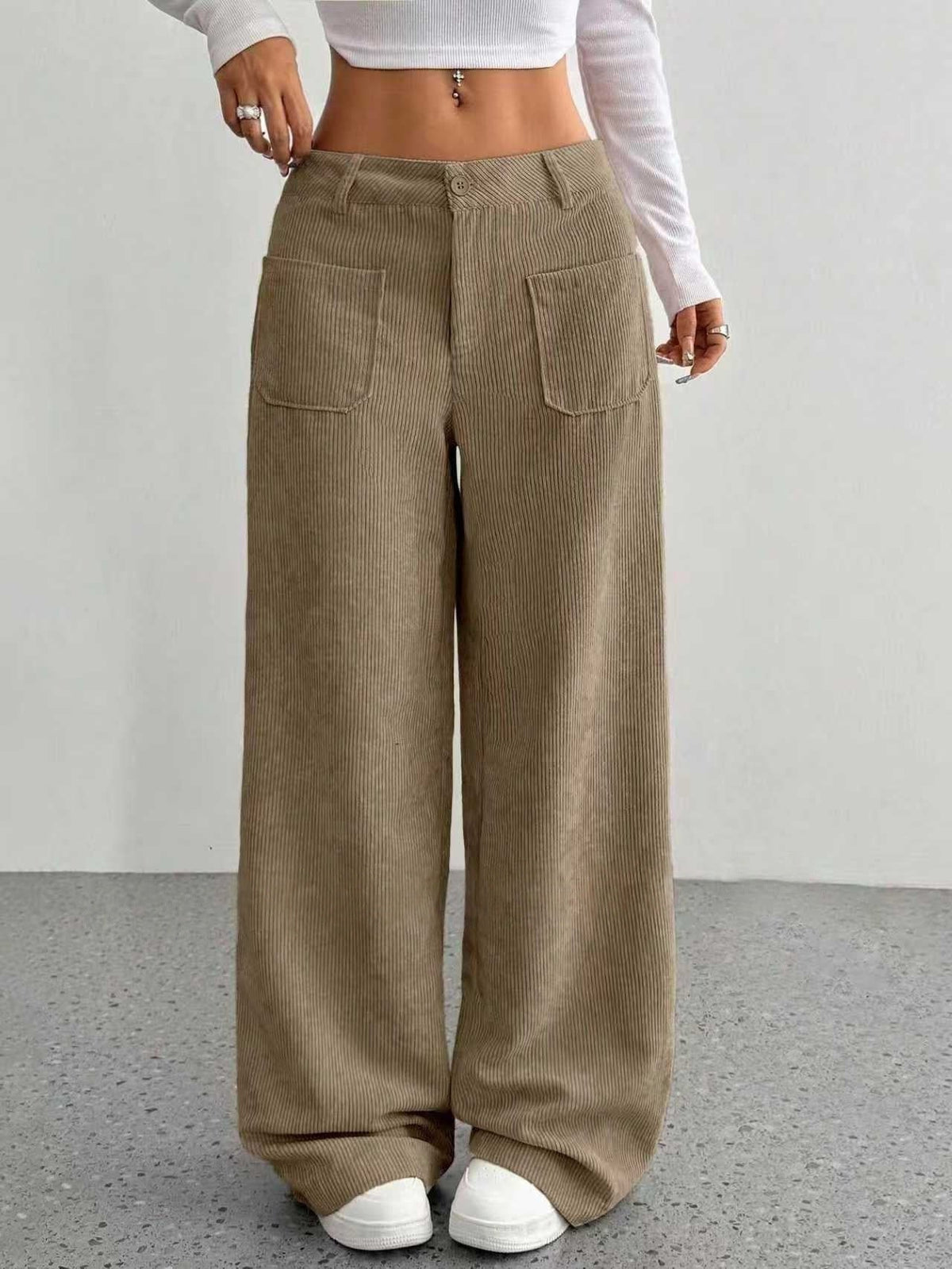 Pantalones de pana de pernera ancha con tiro alto y aberturas laterales para mujer