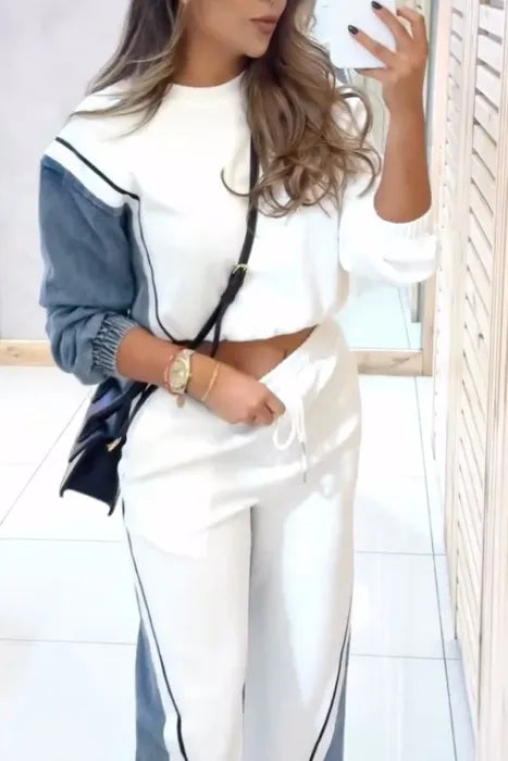 Conjunto casual de dos piezas en denim y algodón con retazos para mujer