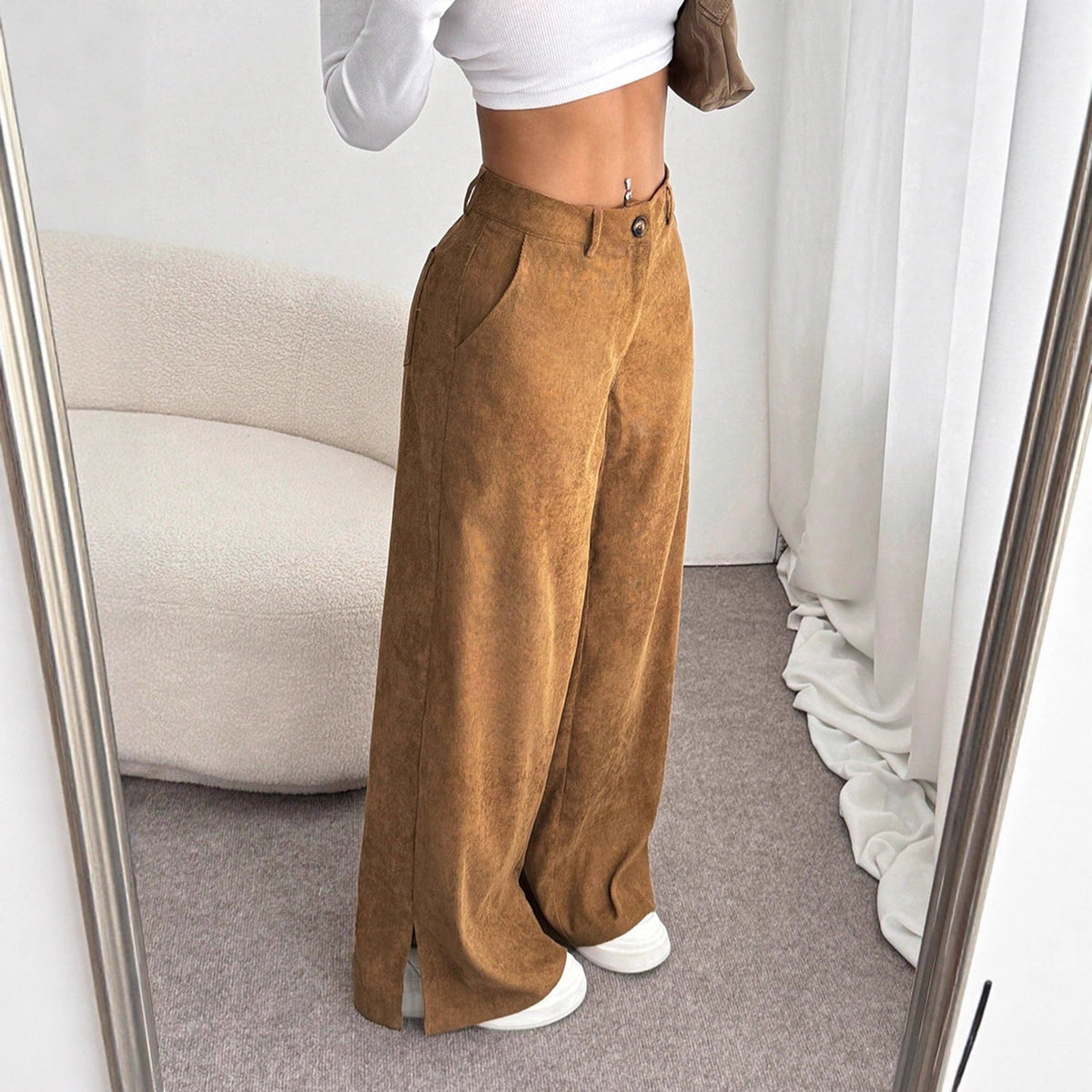 Pantalones de pana de pernera ancha con tiro alto y aberturas laterales para mujer