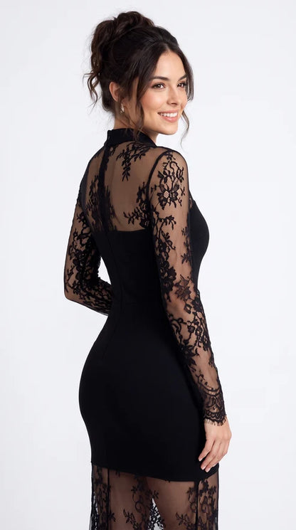 Vestido Largo de Encaje Mujer con Escote Alto y Mangas Transparentes