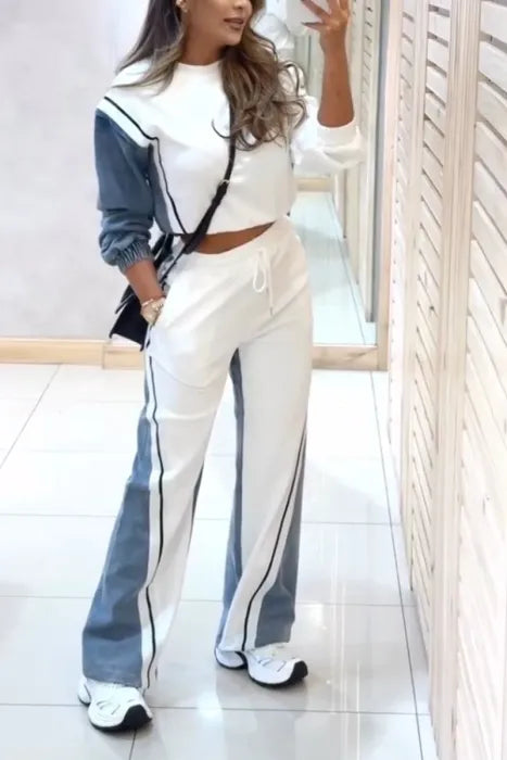 Conjunto casual de dos piezas en denim y algodón con retazos para mujer