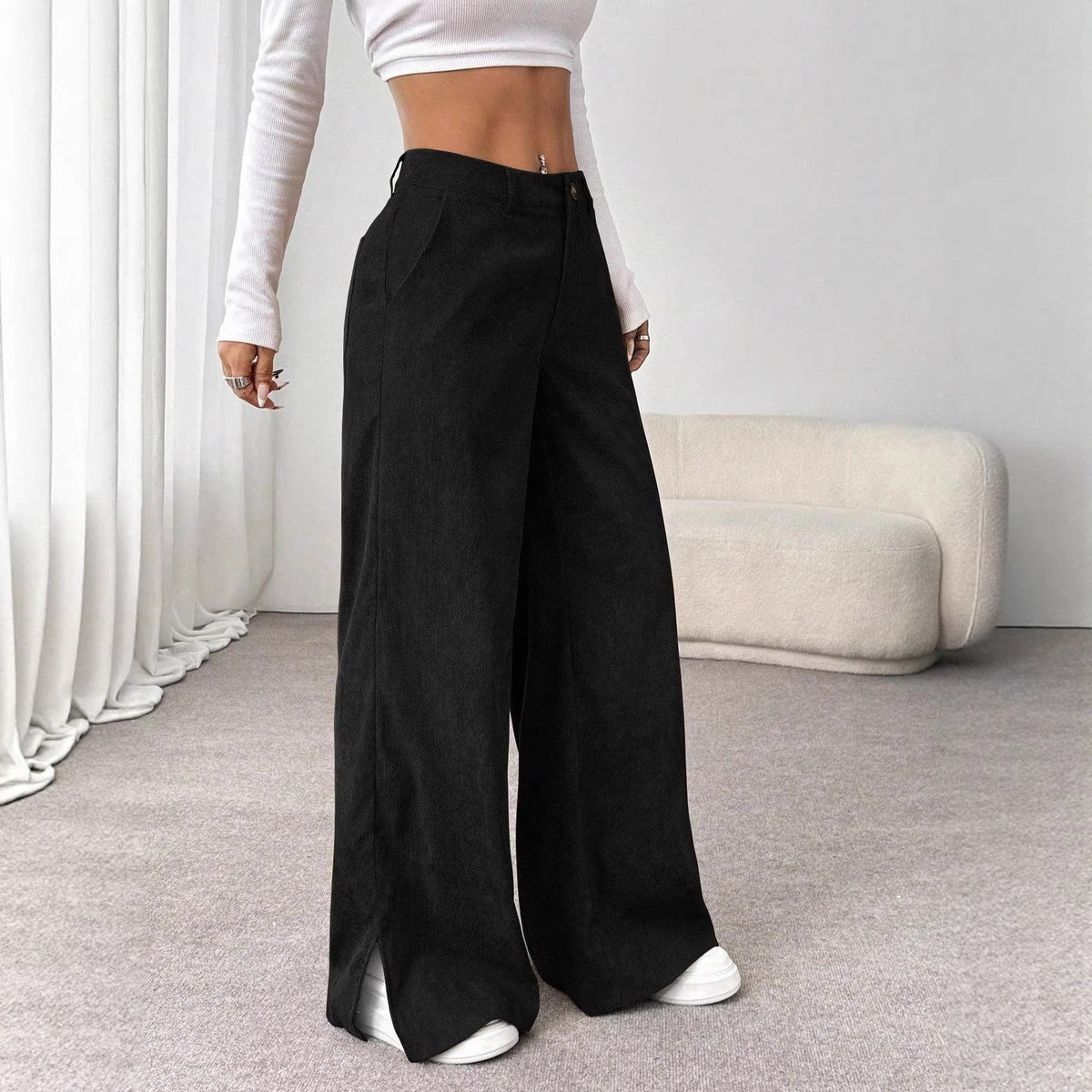 Pantalones de pana de pernera ancha con tiro alto y aberturas laterales para mujer