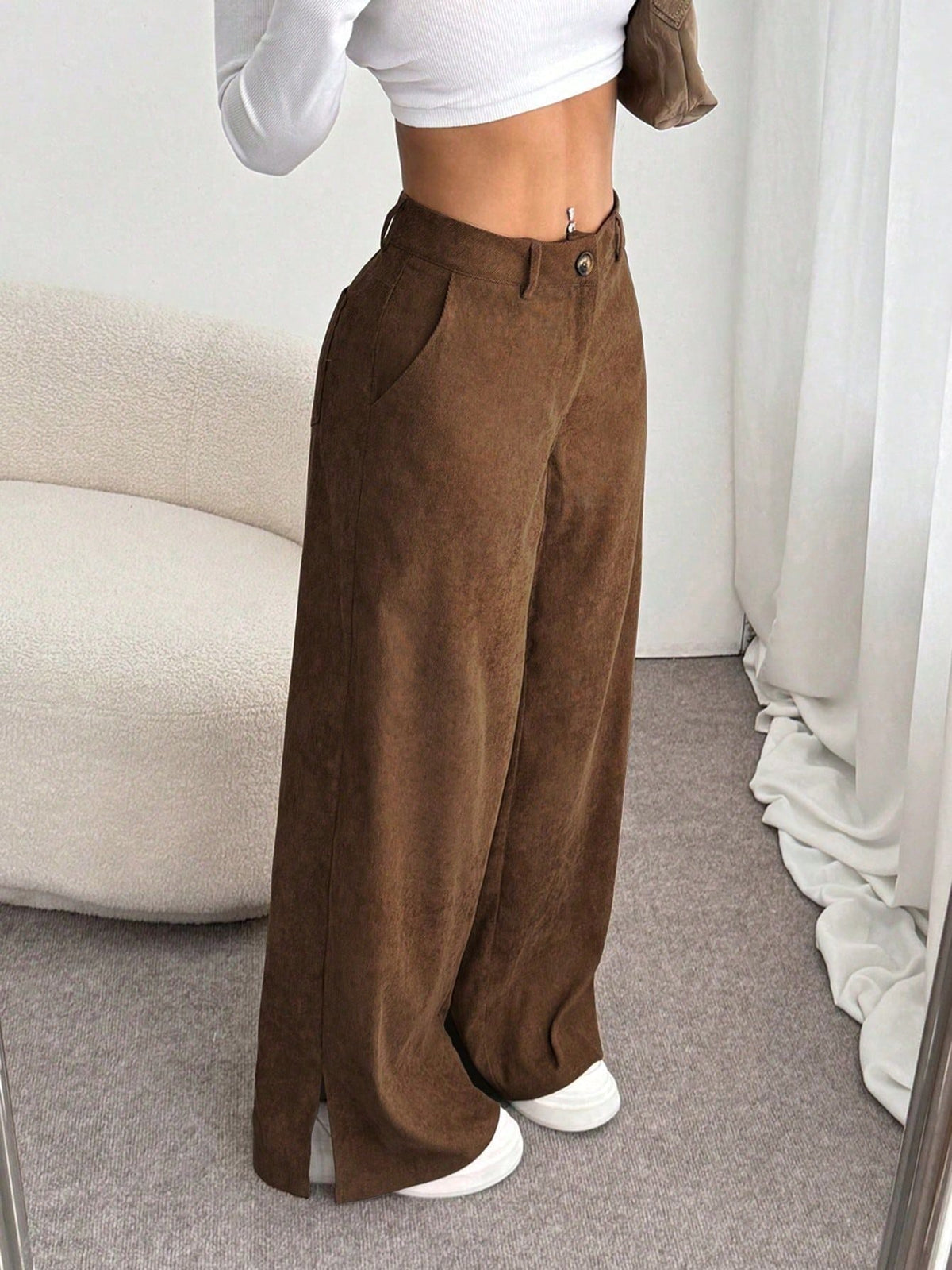 Pantalones de pana de pernera ancha con tiro alto y aberturas laterales para mujer