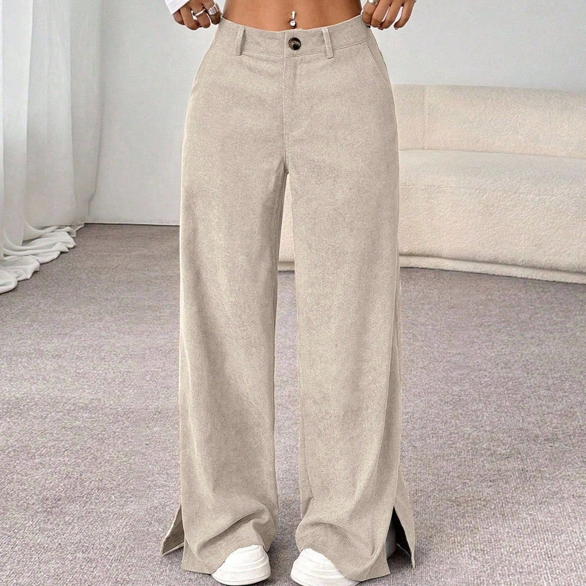 Pantalones de pana de pernera ancha con tiro alto y aberturas laterales para mujer