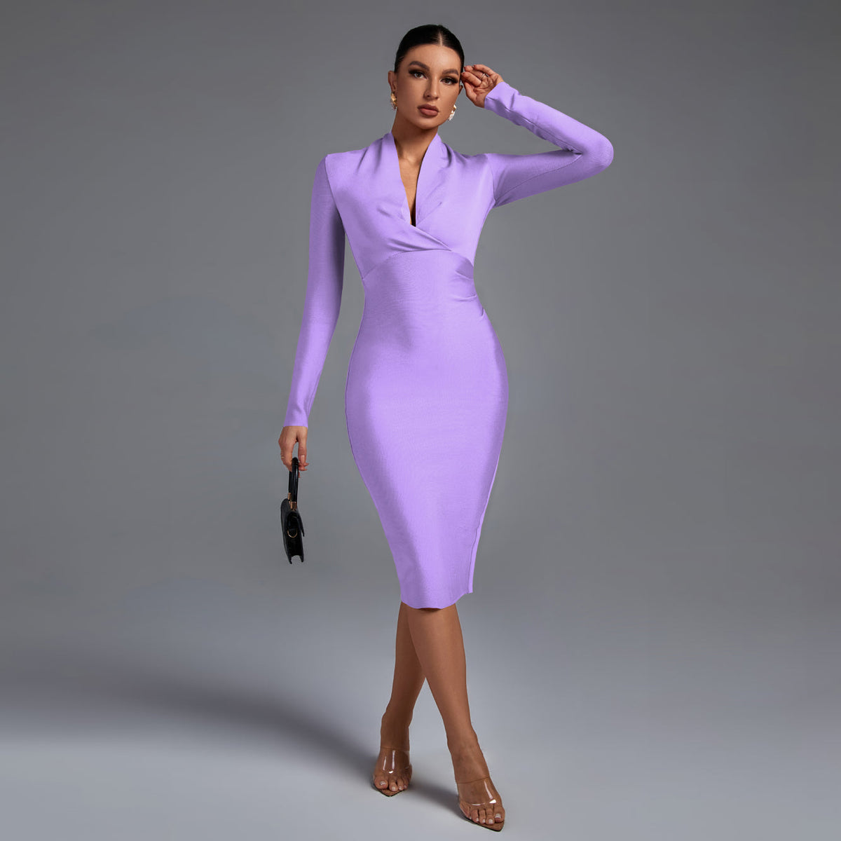 Vestido midi bandage de manga larga con escote en V para mujer