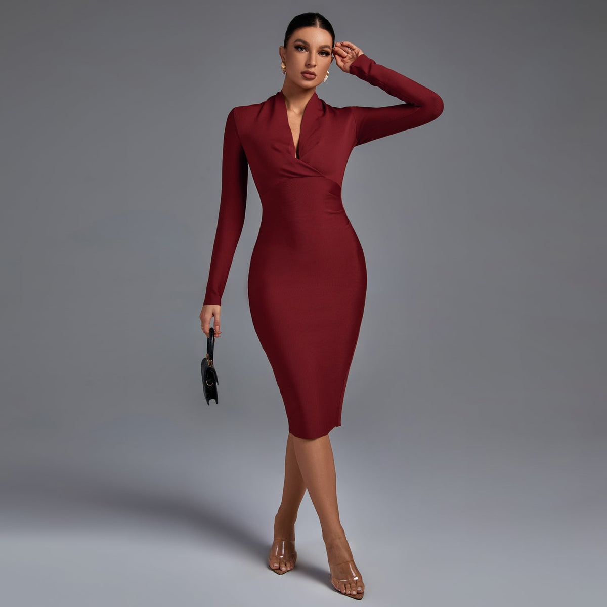 Vestido midi bandage de manga larga con escote en V para mujer