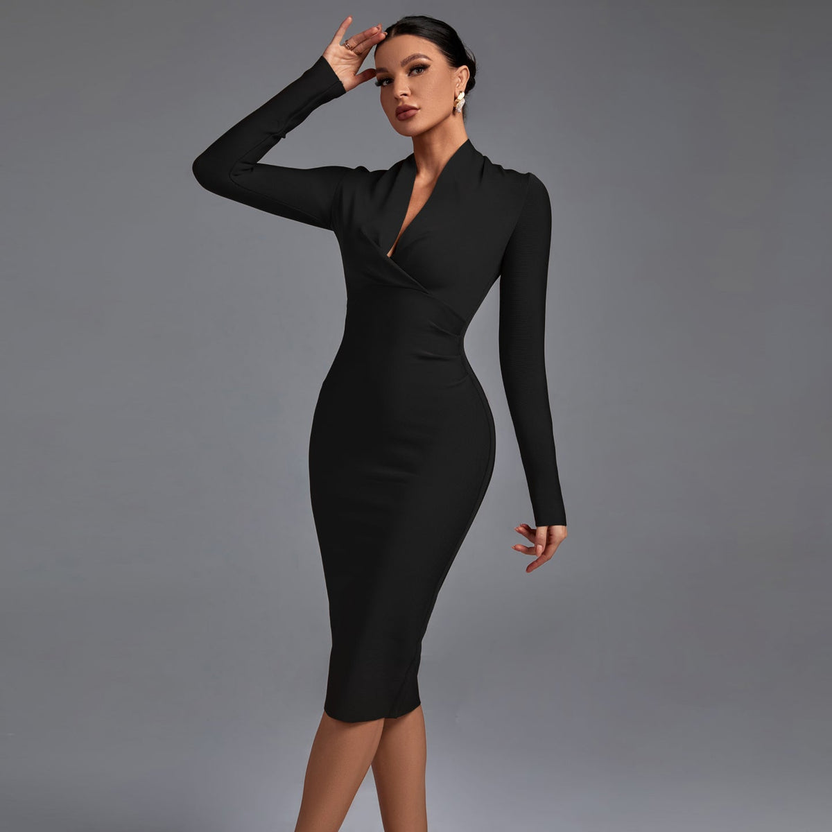 Vestido midi bandage de manga larga con escote en V para mujer