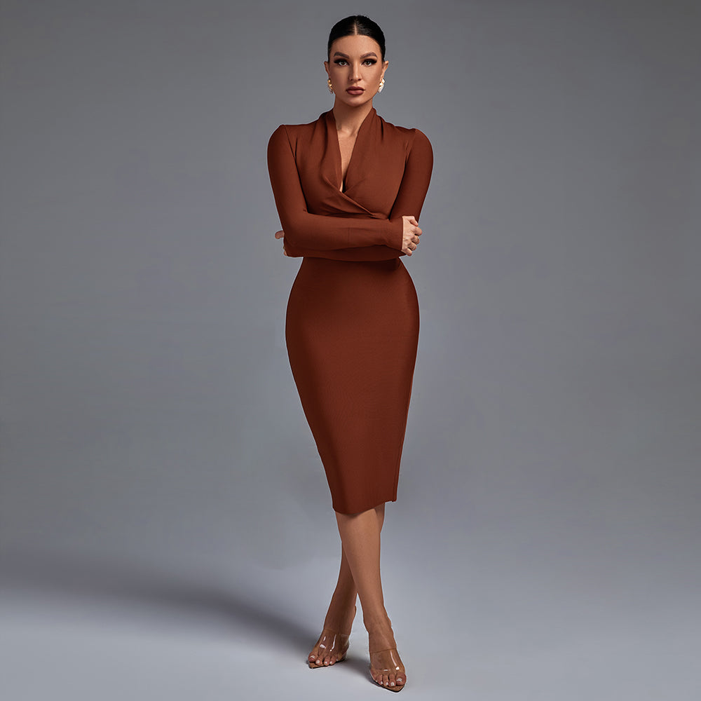 Vestido midi bandage de manga larga con escote en V para mujer