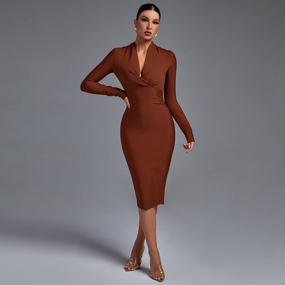 Vestido midi bandage de manga larga con escote en V para mujer