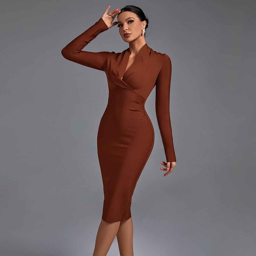 Vestido midi bandage de manga larga con escote en V para mujer