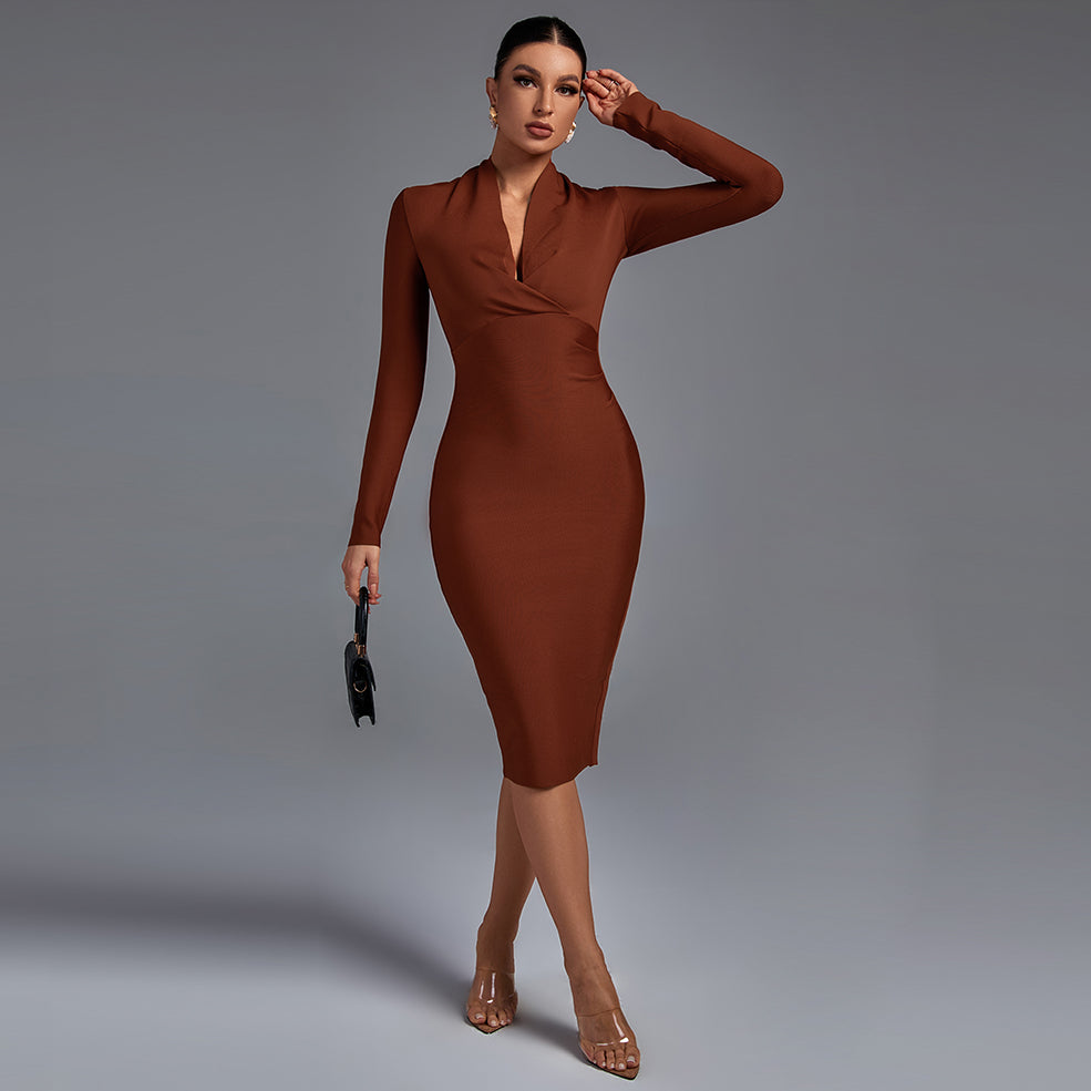 Vestido midi bandage de manga larga con escote en V para mujer