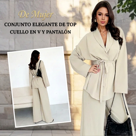 Conjunto elegante de 2 piezas para mujer: top con cuello en V y pantalón de pierna ancha